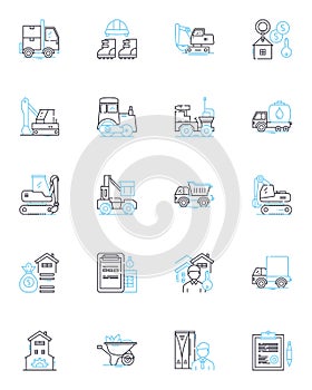 Construction crew linear icons set. Builders, Carpenters, Contractors, Roofers, Engineers, Masons, Electricians line