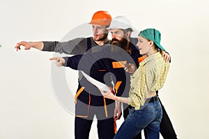 We are the construction crew. People working together on construction design. Construction workers team. Men and woman