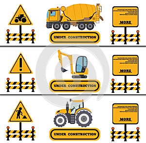 Construction Crew Vehicles machinery building truck industry equipment vector illustration. Build tractor architecture digger