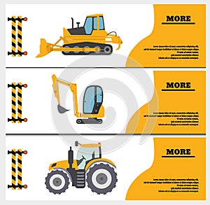 Construction Crew Vehicles machinery building truck industry equipment vector illustration. Build tractor architecture digger