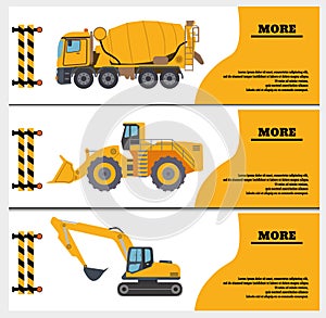 Construction Crew Vehicles machinery building truck industry equipment vector illustration. Build tractor architecture digger