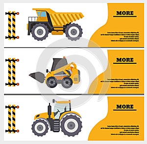 Construction Crew Vehicles machinery building truck industry equipment vector illustration. Build tractor architecture digger
