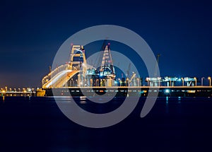 Construction of the Crimean bridge in Kerch Strait at night