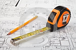 Construction drafts and tools background photo