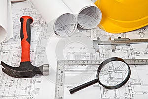 Construction drafts and tools background