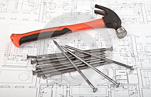 Construction drafts and tools background photo