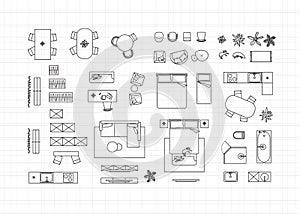 Construction drawing furniture icons black lines