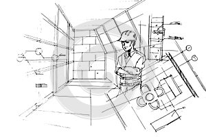 construction drawings and engineers ,a line drawing Using interior architecture, assembling graphics, working in architecture, and