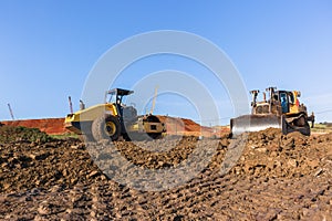 Construction Earthworks Mover Compactor Machines Closeup