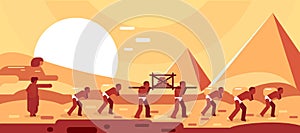 Construction of Egyptian pyramids. Slaves move blocks for building. Vector illustration