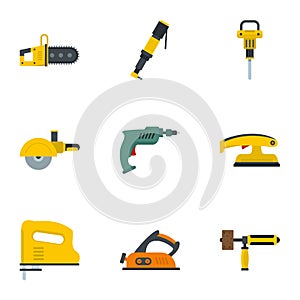 Construction electric tool icon set, flat style
