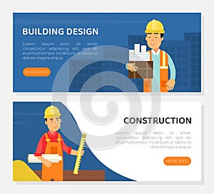 Construction Engineer and Civil Building with Man Builder Character in Yellow Hard Hat at Construction Site Vector Web