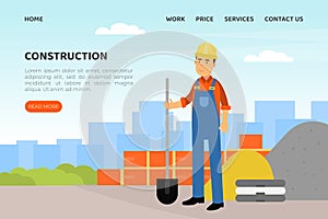 Construction Engineer and Civil Building with Man Builder Character in Yellow Hard Hat at Construction Site Vector Web