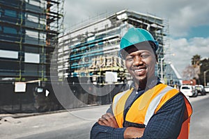 Construction, engineer and happy portrait of a black man outdoor at building site for development and architecture. Male