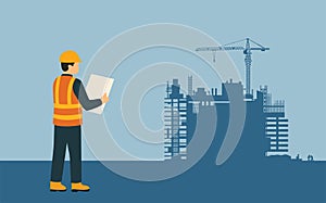 Construction Engineer Inspecting Building Site, Building background.