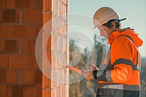 Construction engineer making notes and remarks during building site inspection