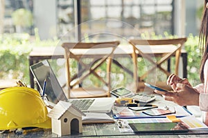 construction engineer office desk architect workplace. engineer drawing objects table with meter, blueprint, hard hat engineering