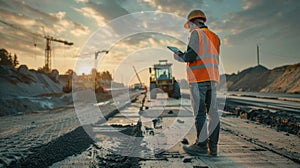 Construction Engineer Overseeing Roadworks At Sunset. Generative AI photo