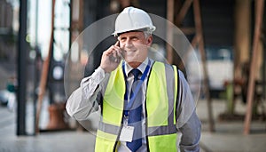 Construction, engineer and phone call of a man outdoor for building project management. Senior contractor person talking