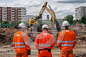 Construction engineer supervising work at building site. Neural network AI generated