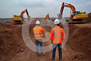 Construction engineer supervising work at building site. Neural network AI generated