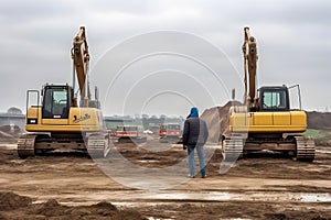 Construction engineer supervising work at building site. Neural network AI generated