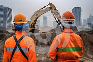 Construction engineer supervising work at building site. Neural network AI generated