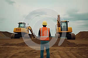 Construction engineer supervising work at building site. Neural network AI generated