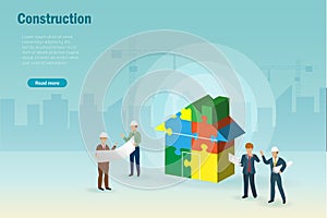 Construction engineer team discussing on building and assemble house from jigsaw puzzle pieces. Constuction industry project and s photo