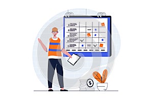 Construction engineer web concept with character scene. Man creating plan and deadline for building process. People situation in