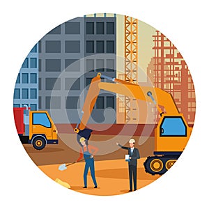 Construction engineer and worker in contruction zone with vehicles colorful