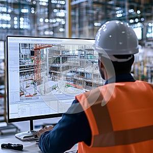 Construction engineer working on building project using CAD software