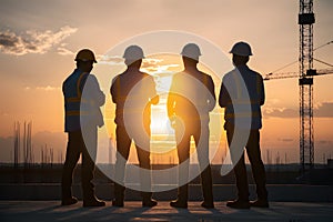Construction engineers overlooking site silhouette at sunset photo