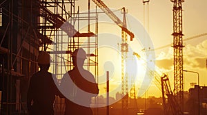 Construction Engineers Overlooking Site at Sunset Silhouette.