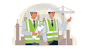 Construction Engineers in Safety Vests Inspecting Building Site with Crane Background