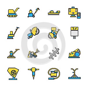 Construction equipment for concrete, icons, set, color.