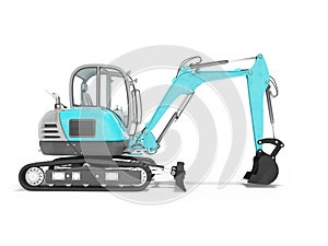 Construction equipment excavator with hydraulic mekhlopaty on crawler with buckets side view 3d render on white background with