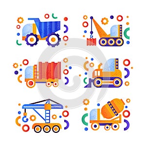 Construction Equipment and Heavy Machinery Flat Icon Vector Set