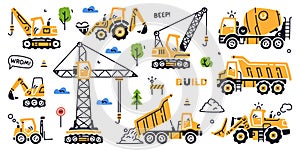 Construction Equipment and Heavy Machines for Industrial Work Vector Set