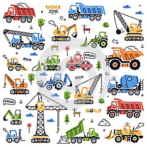 Construction Equipment and Heavy Machines for Industrial Work Vector Set