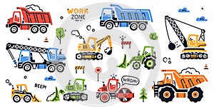 Construction Equipment and Heavy Machines for Industrial Work Vector Set