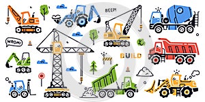 Construction Equipment and Heavy Machines for Industrial Work Vector Set