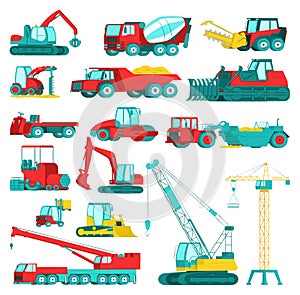 Construction equipment, heavy mining machinery set, vector illustration. Excavator, tractor, dump truck, bulldozer and