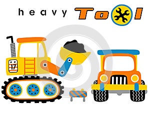 Construction equipment, heavy tools, digger and truck, vector cartoon illustration