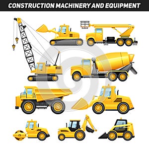 Construction Equipment Machinery Flat Icons Set