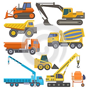 Construction equipment and machinery with trucks crane bulldozer flat yellow transport vector illustration