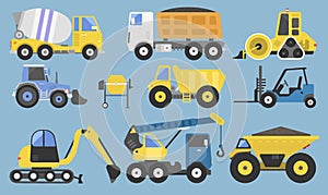 Construction equipment and machinery with trucks crane bulldozer flat yellow transport vector illustration