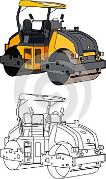 Construction equipment road roller in black and yellow