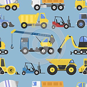 Construction equipment seamless pattern machinery with trucks flat yellow transport vector illustration