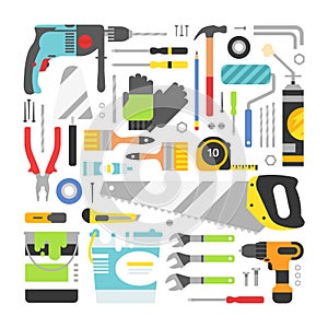 Construction equipment tools flat icons set
